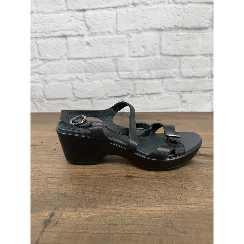 Dansko Black Leather Strappy Wedge Sandals Buckle Comfort Shoes Womens Size 38 - Picture 9 of 12